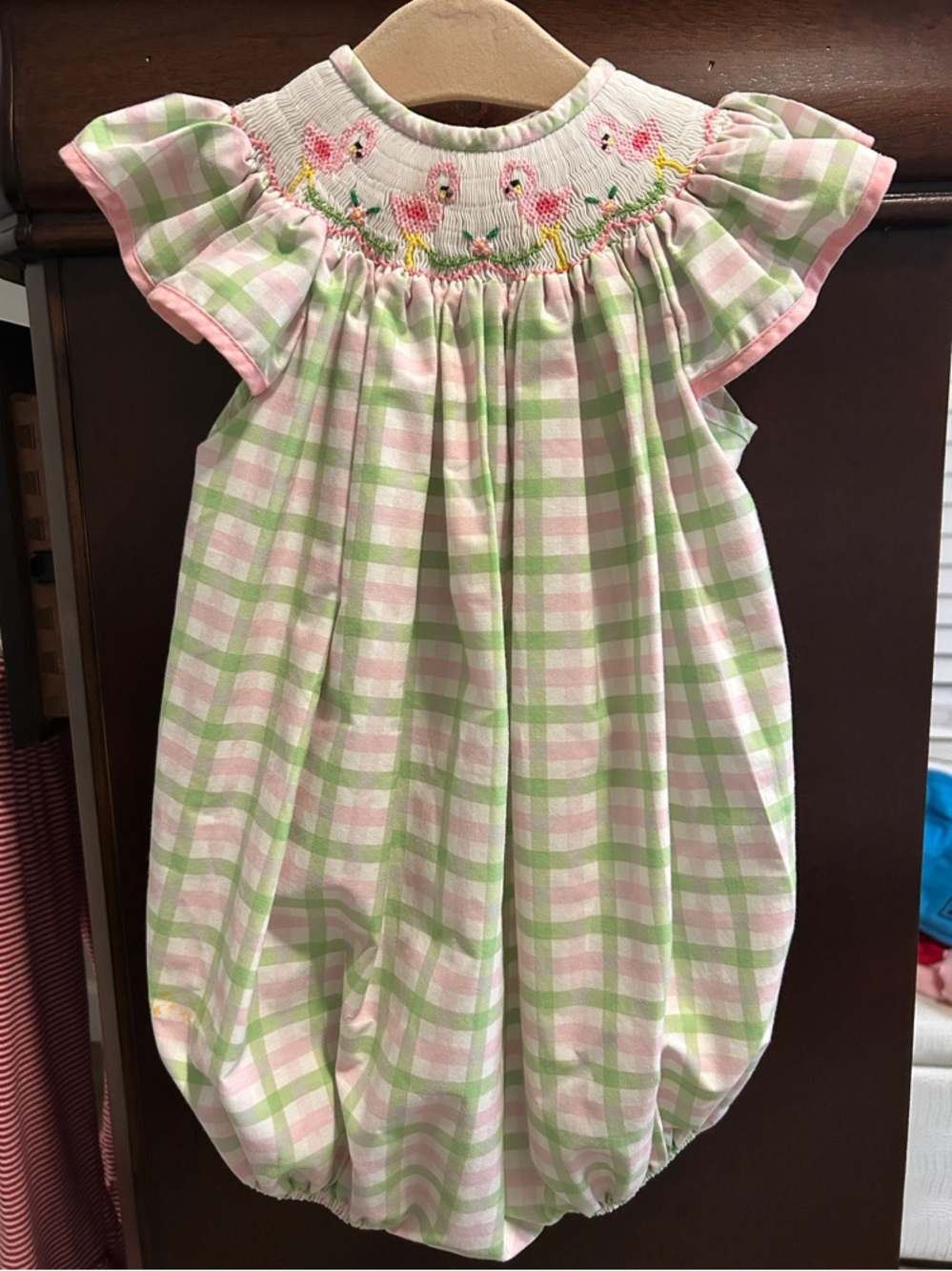 Pink & Green Gingham Smocked Bubble